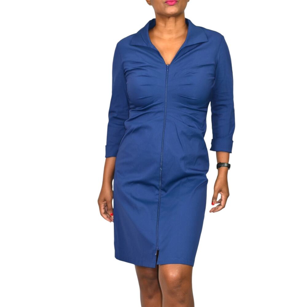 Lafayette 148 Zip Front Shirt Dress Blue Cotton Poplin Classic Shirtdress Size 2